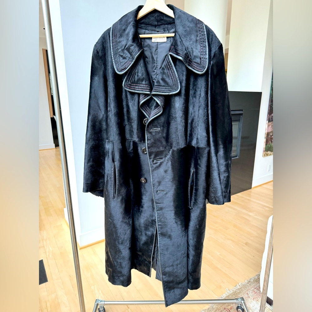 Vintage black pony hide trench coat by Pollack’s Mink Farm. Large-extra large